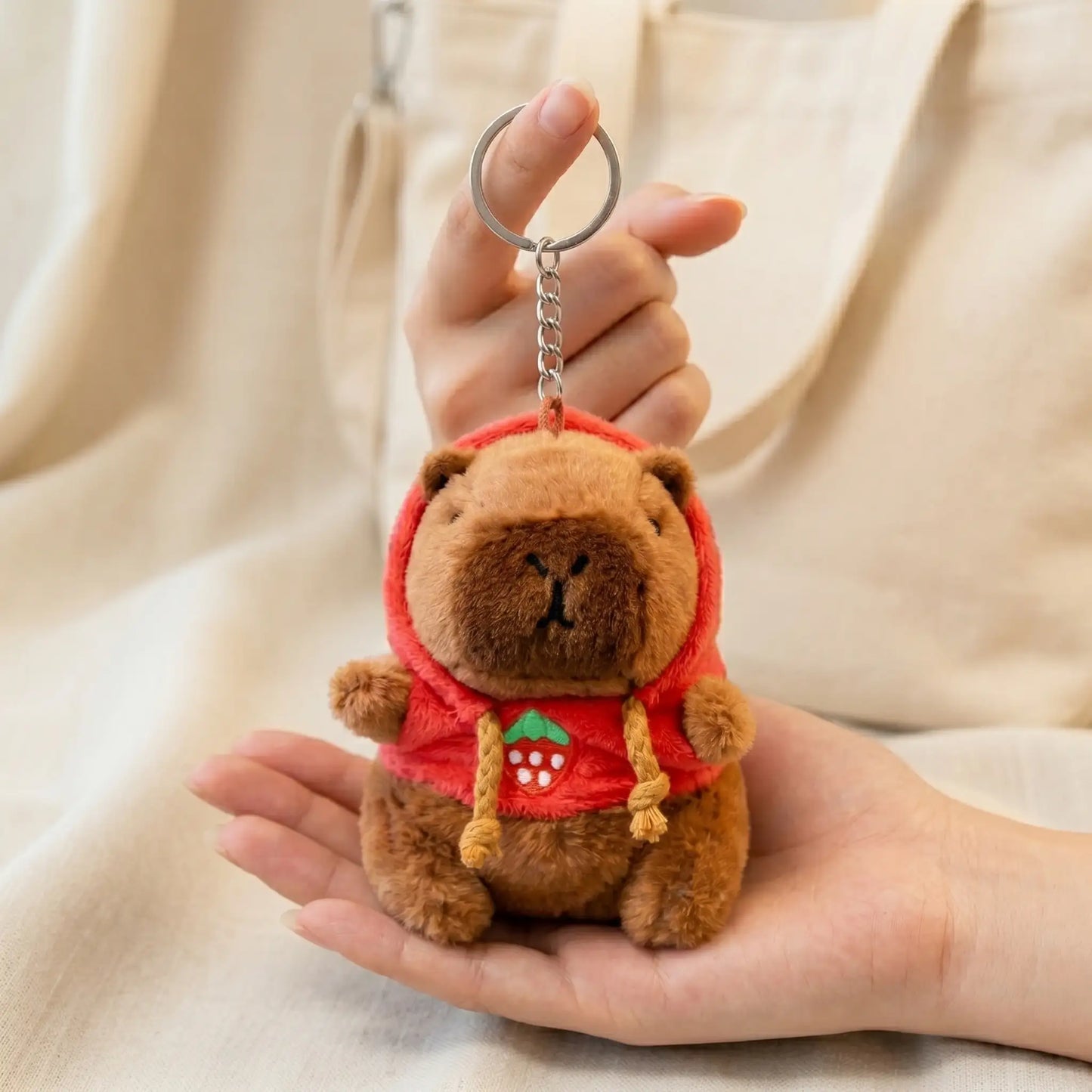 Strawberry Hoodie Capybara Plush Keychain