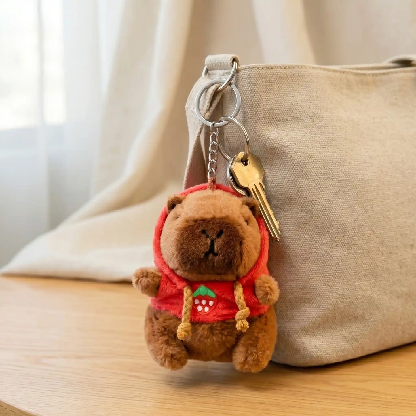 Strawberry Hoodie Capybara Plush Keychain