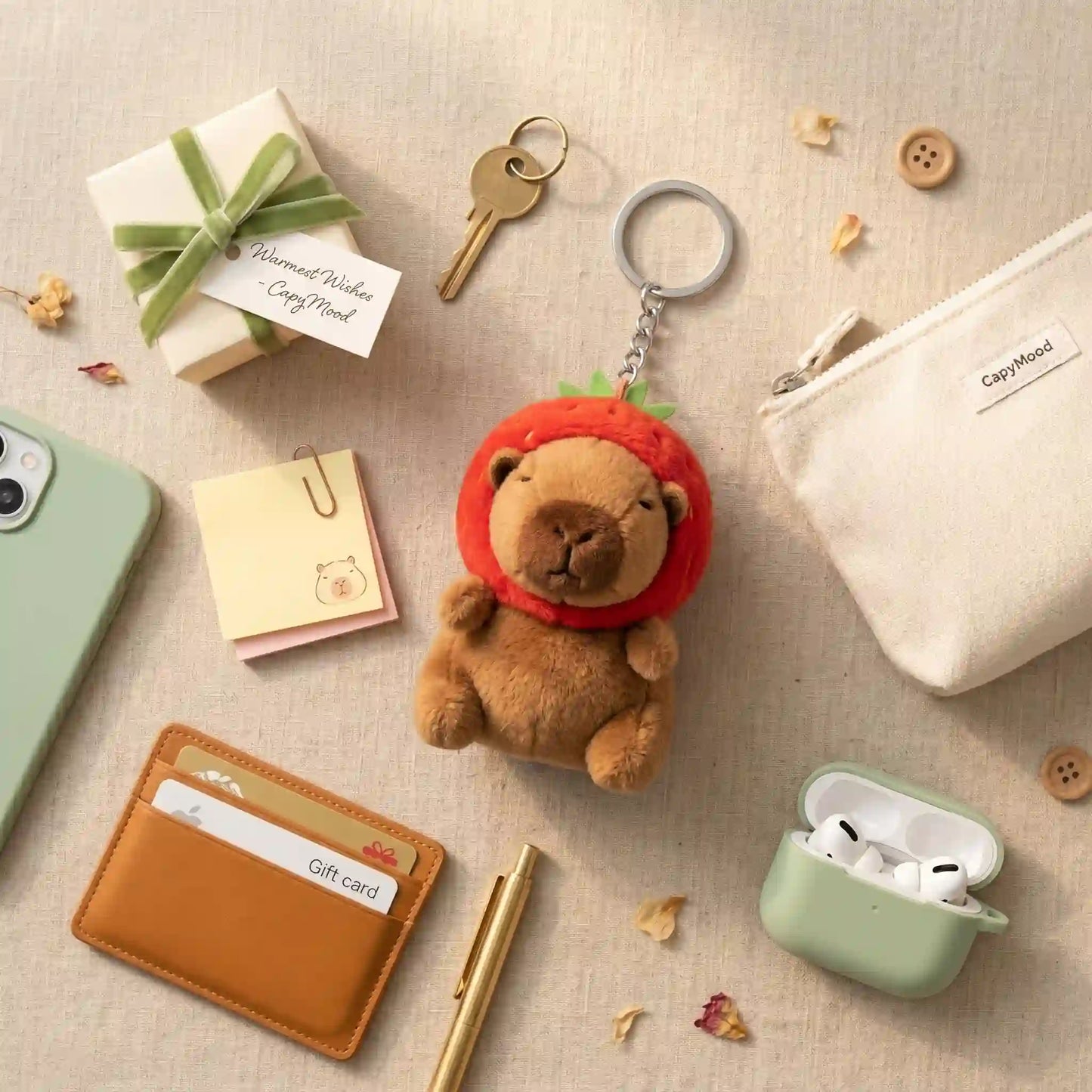 Strawberry Capybara Plush Keychain